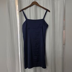Navy Blue Satin Slip Dress - Medium Adjustable Spaghetti Strap Lounge